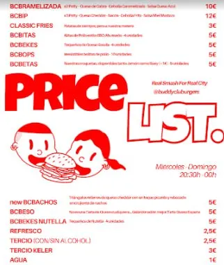Price list Buddy Club Burgers